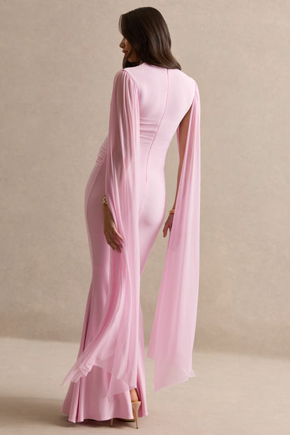 Calitheia | Light Pink Round-Neck Maternity Maxi Dress With Long Floaty Mesh Sleeves