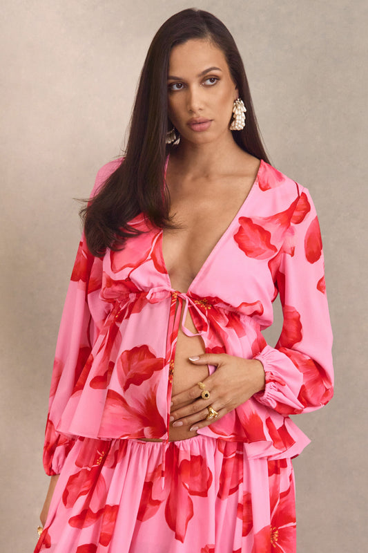 Asella | Pink Chiffon Plunge-Neck Front-Tied Top
