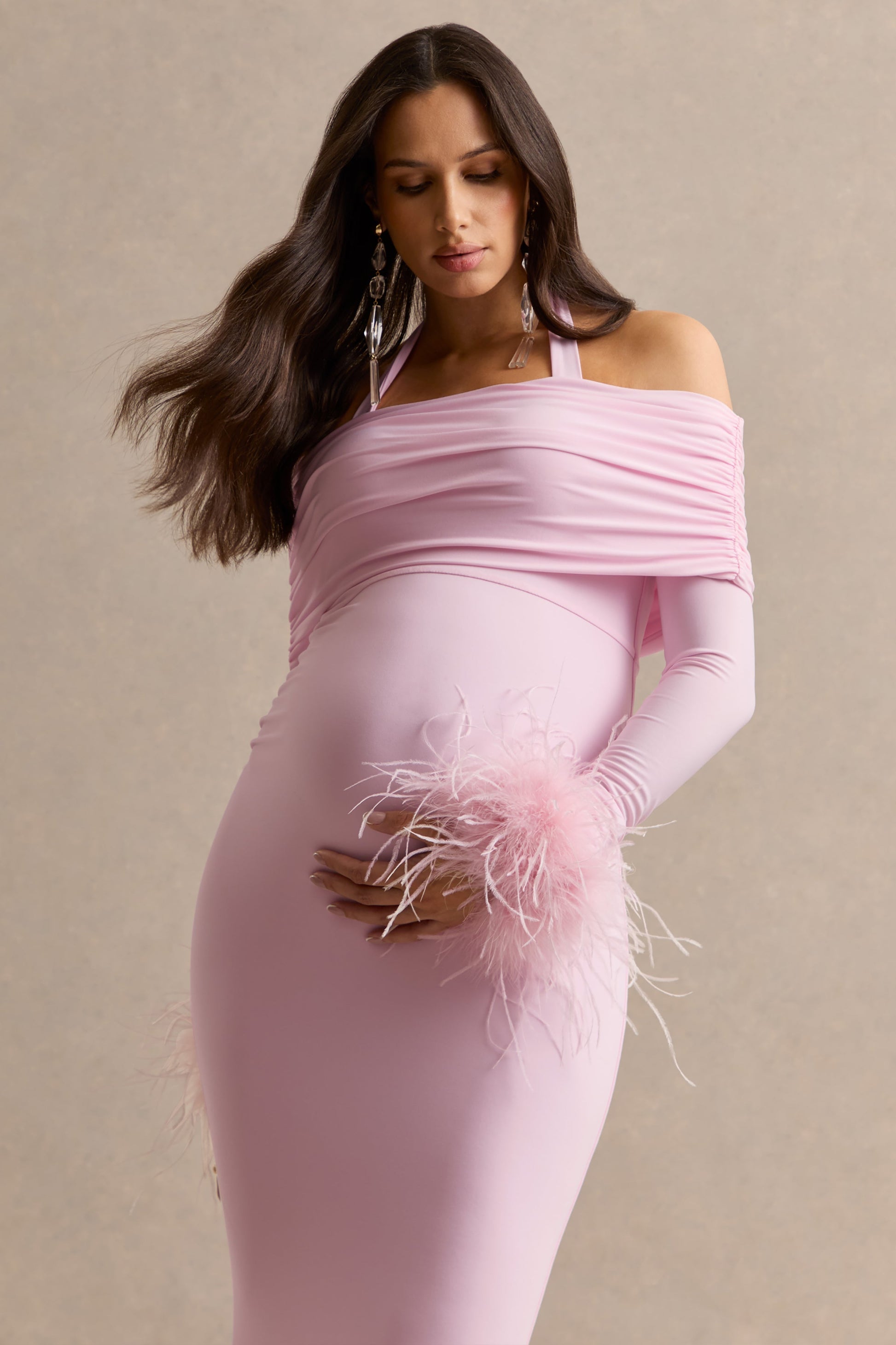 Desirae | Light Pink Halter-Neck Maternity Maxi Dress