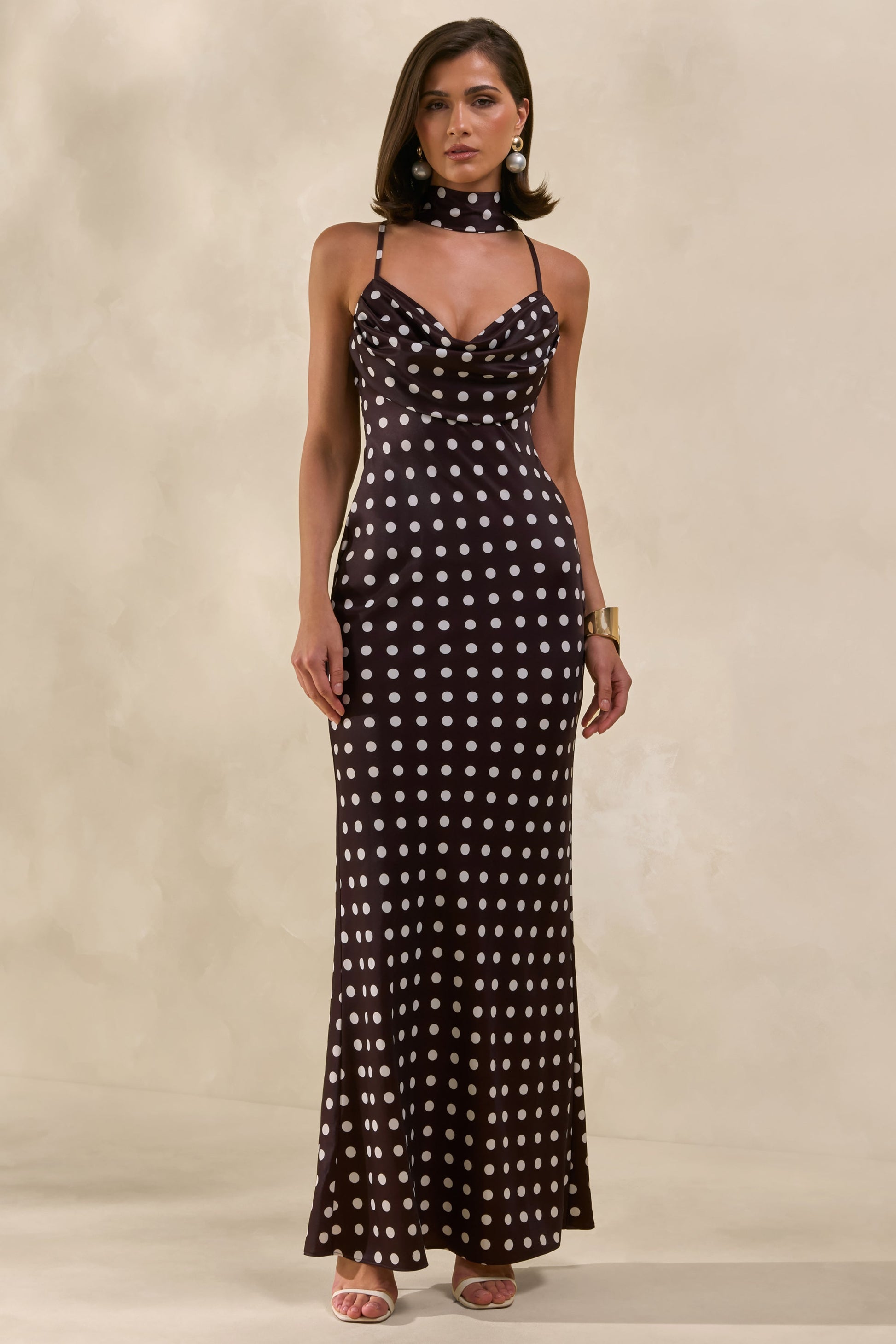 Emaria | Brown Polka-Dot Satin Cowl-Maxi Dress With Scarf