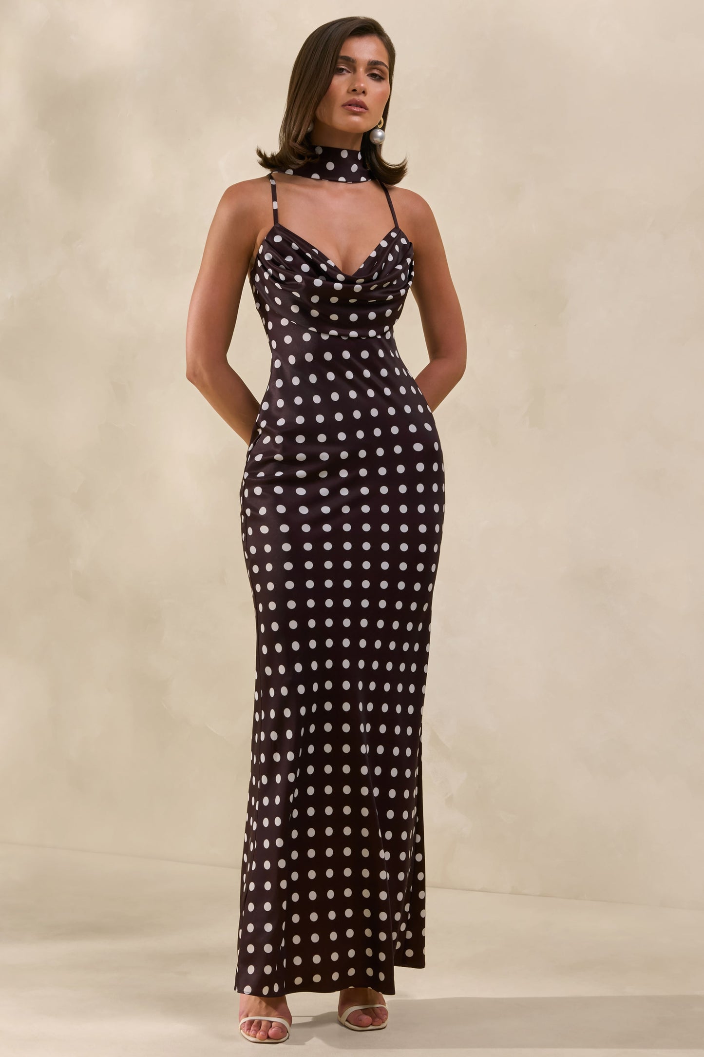 Emaria | Brown Polka-Dot Satin Cowl-Maxi Dress With Scarf