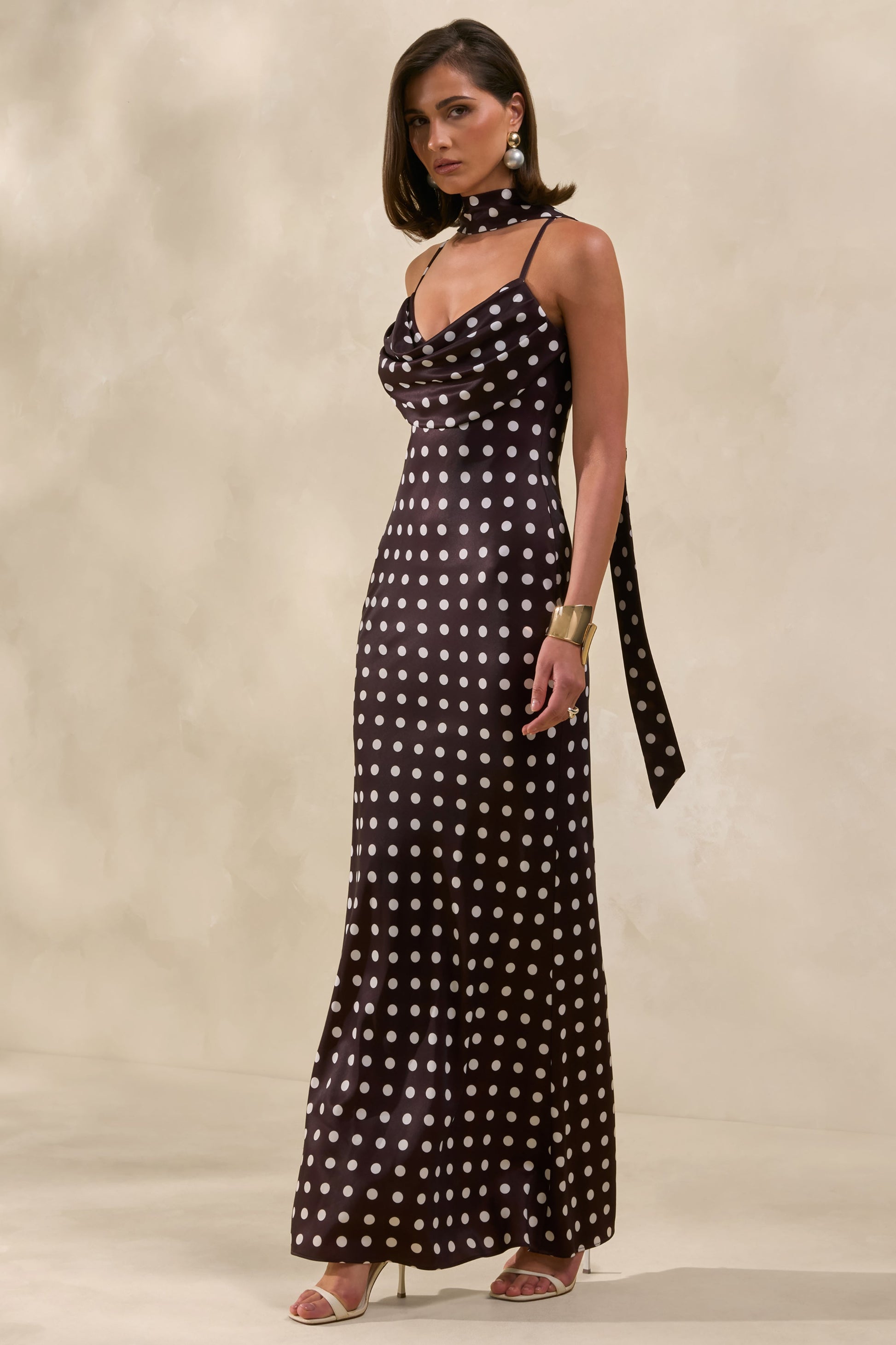 Emaria | Brown Polka-Dot Satin Cowl-Maxi Dress With Scarf
