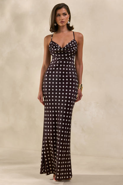 Emaria | Brown Polka-Dot Satin Cowl-Maxi Dress With Scarf
