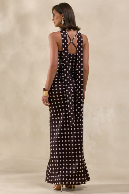 Emaria | Brown Polka-Dot Satin Cowl-Maxi Dress With Scarf