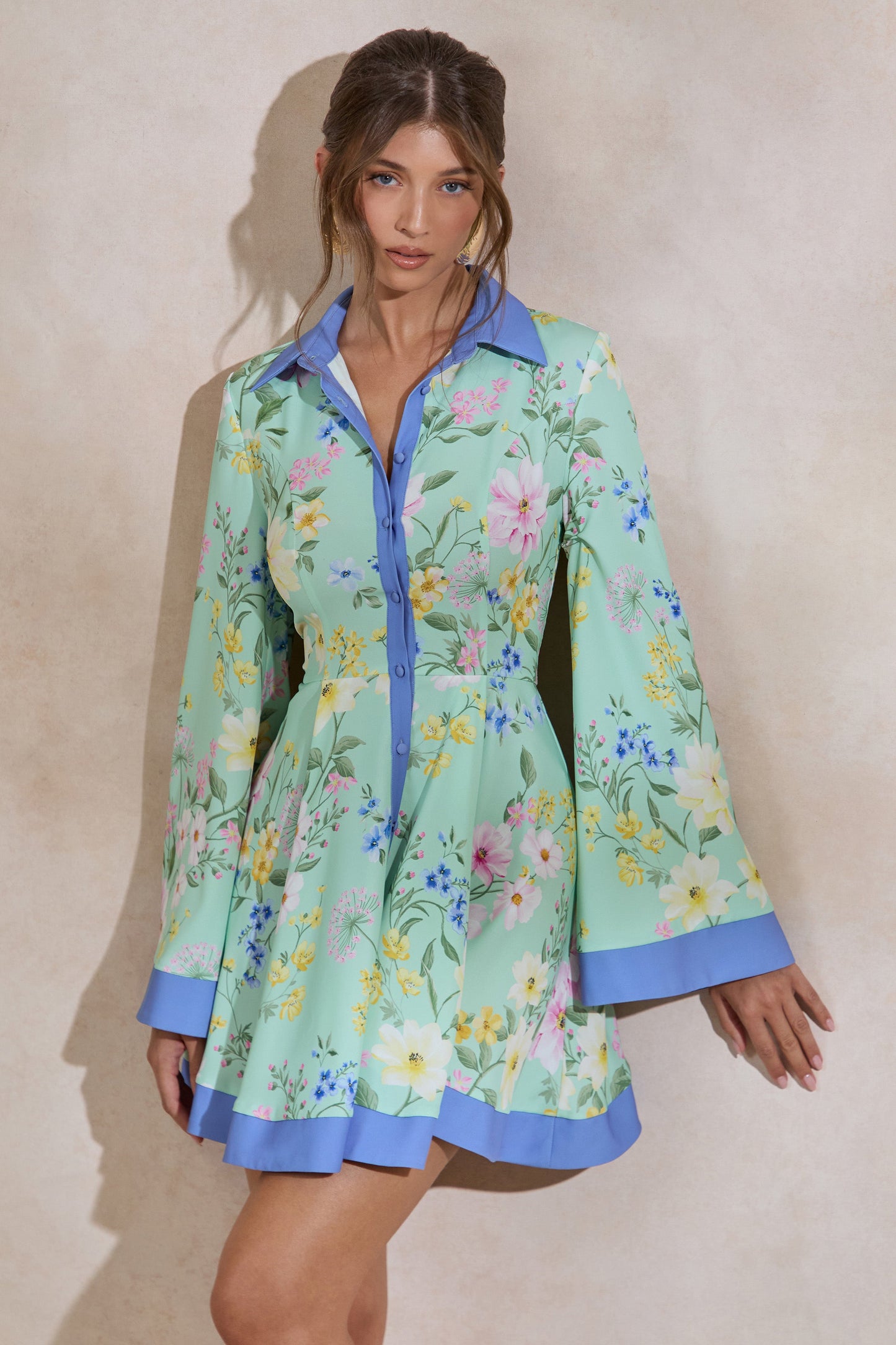 Ionee | Mint Floral Border Print Mini Shirt Dress