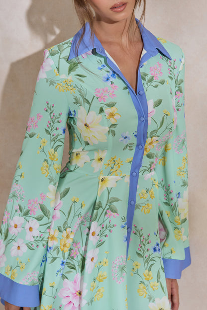 Ionee | Mint Floral Border Print Mini Shirt Dress