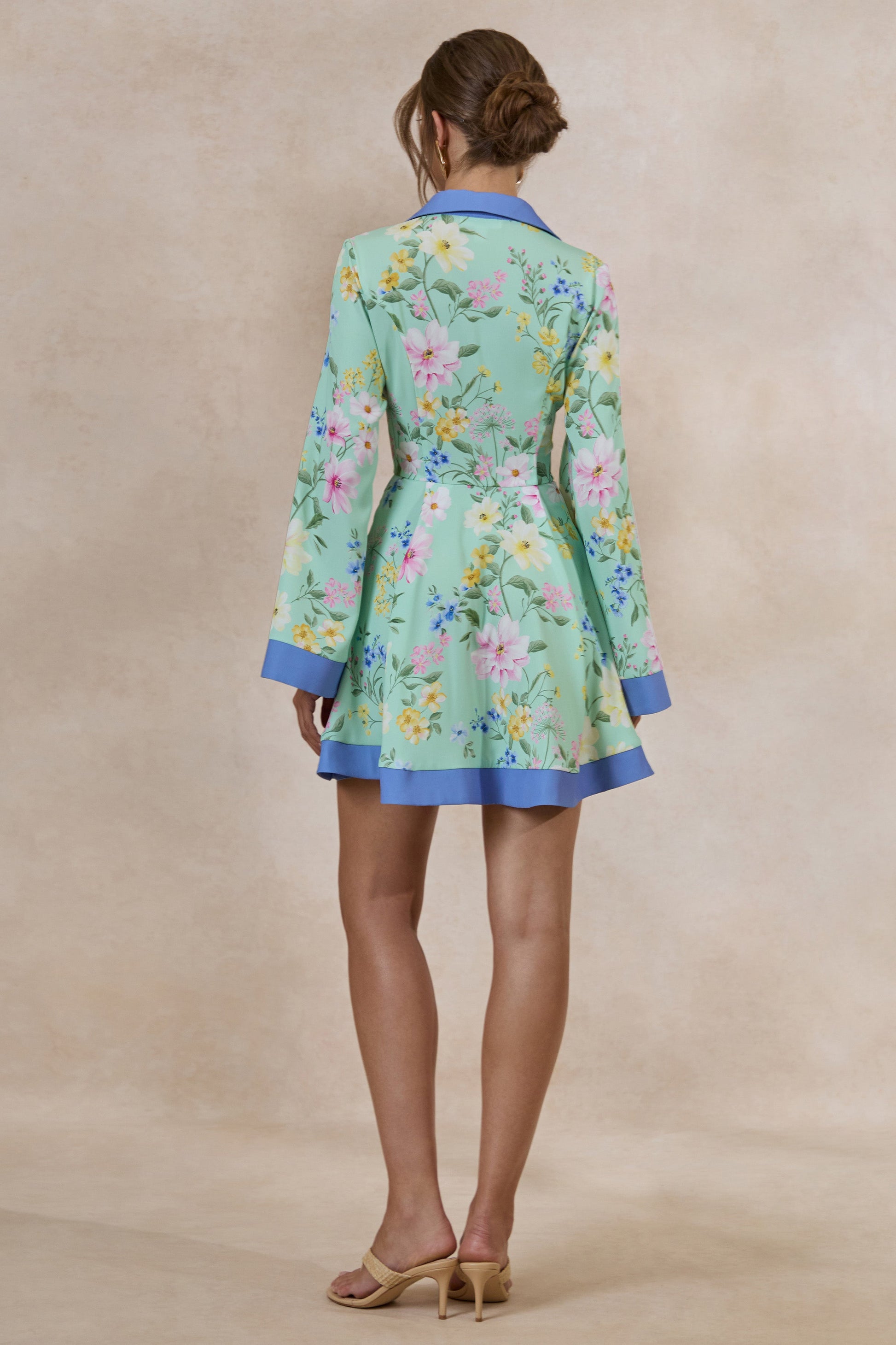 Ionee | Mint Floral Border Print Mini Shirt Dress