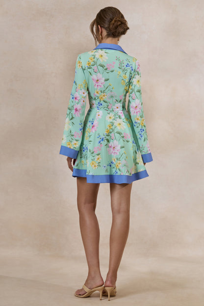 Ionee | Mint Floral Border Print Mini Shirt Dress