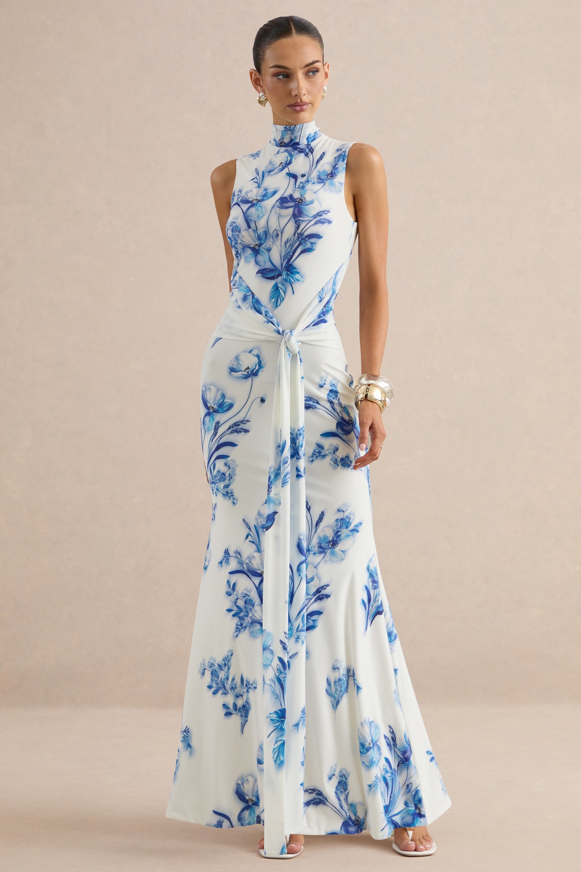 Isella | Blue Floral Print High-Neck Maxi Dress With Gathered Detailing