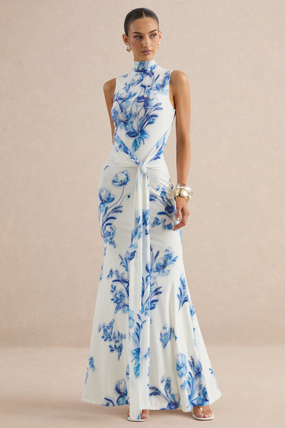 Isella | Blue Floral Print High-Neck Maxi Dress With Gathered Detailing