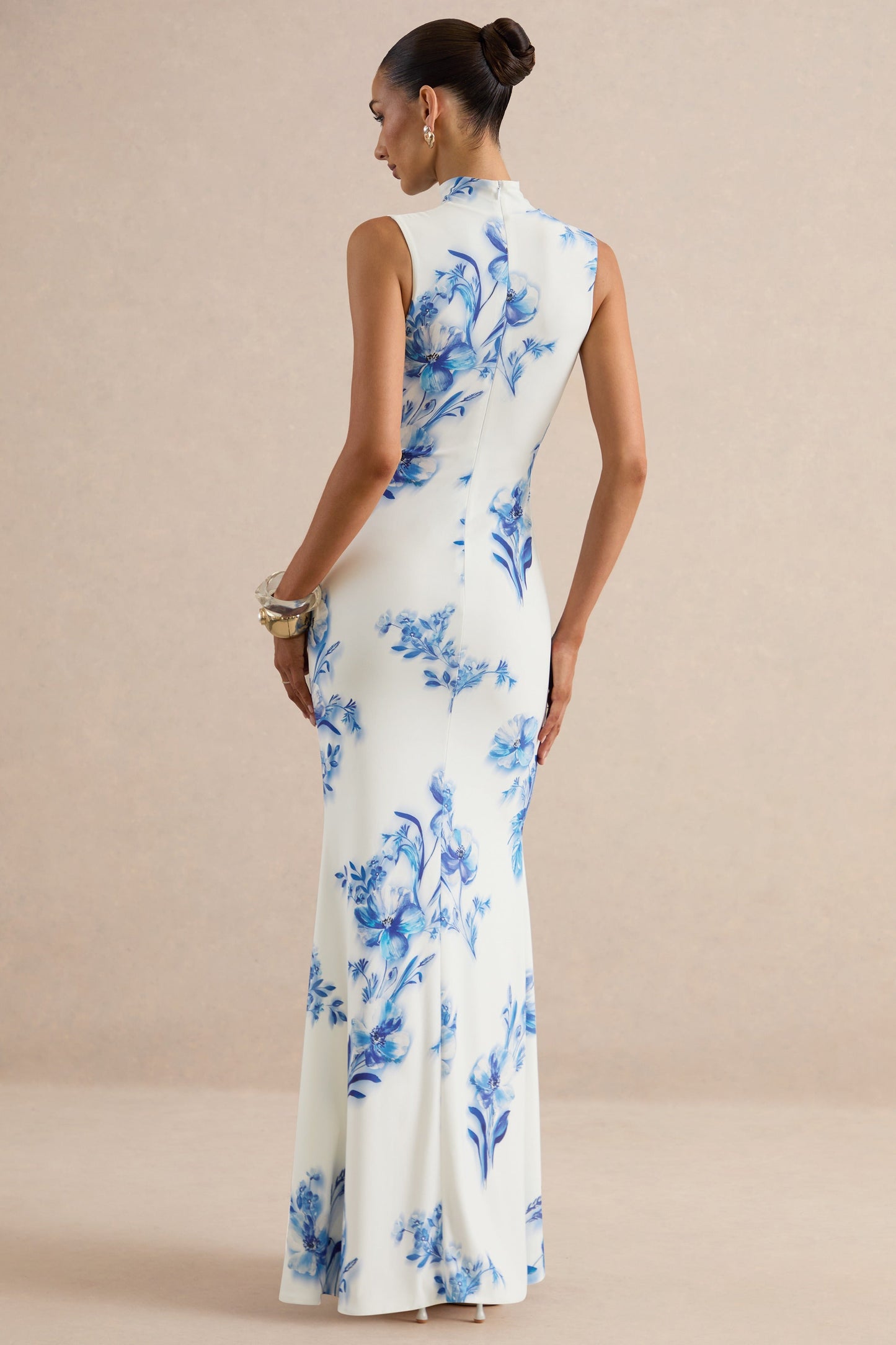 Isella | Blue Floral Print High-Neck Maxi Dress With Gathered Detailing