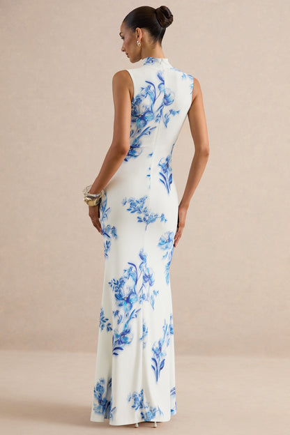 Isella | Blue Floral Print High-Neck Maxi Dress With Gathered Detailing