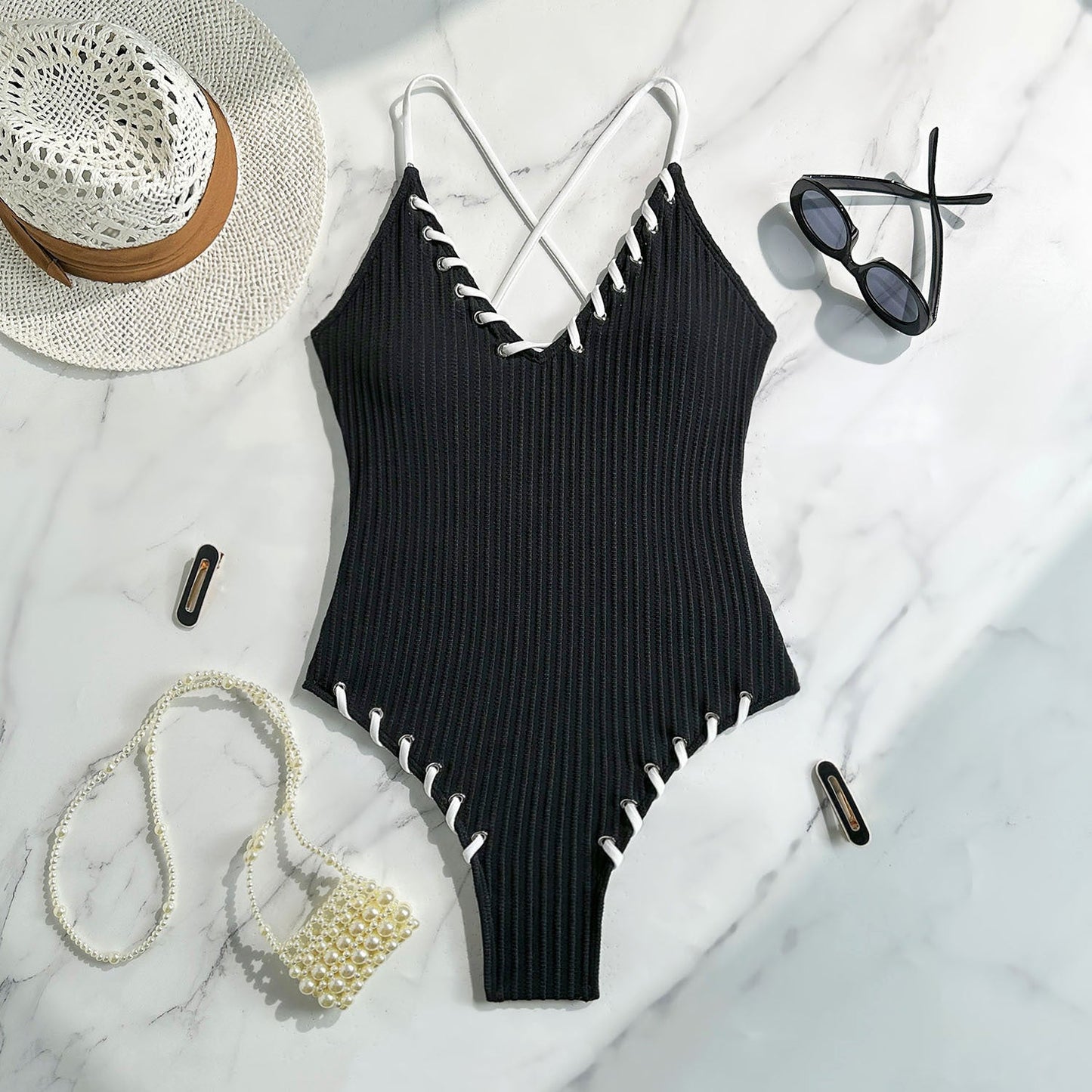 Colorblock Rope Strap One-Piece Swimsuit
