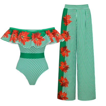 Green Striped One-Piece Swimsuit