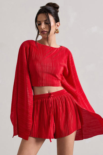 Flare | Red Plisse Cape Sleeve Crop Top