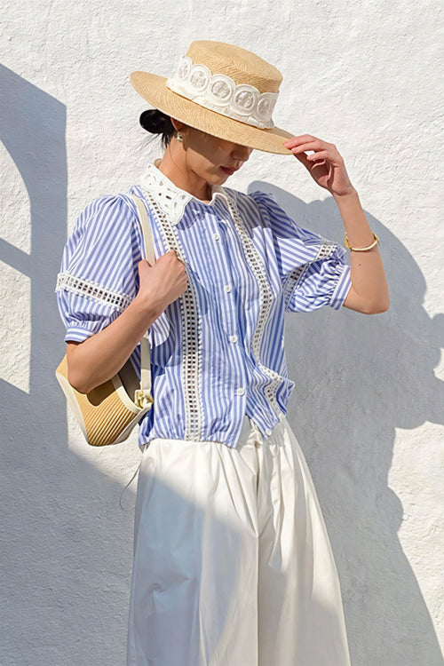 Chic Stripe Lace Puff Sleeve Blouse