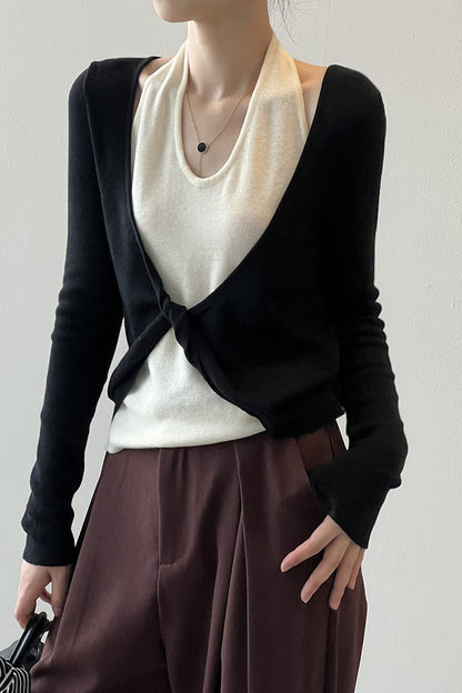 Patchwork Layered Halter Long Sleeve Tee