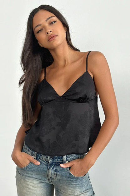 Minimal Deep V Solid Floral Jacquard Cami Top