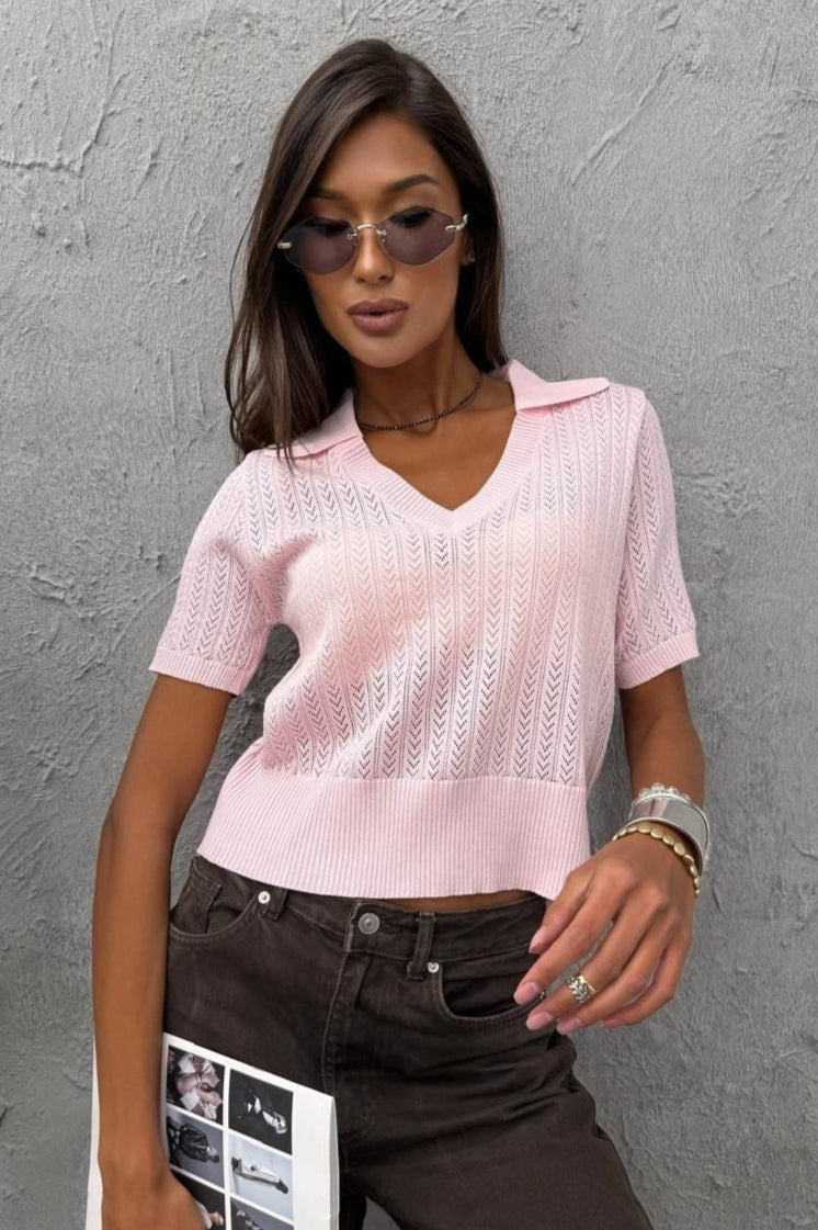 Minimalist Solid V Neck Knit Crop T-shirt
