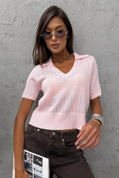 Minimalist Solid V Neck Knit Crop T-shirt