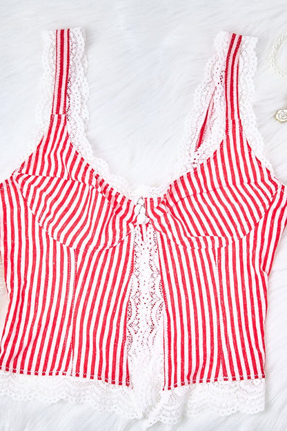 Sexy Ruffled Stripe Lace Tank Top