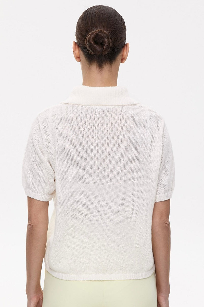 Minimalist Polo Hollow Knit Puff Sleeve Blouse