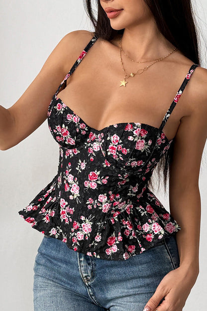 Floral Irregular Ruffle Tie Cami Top