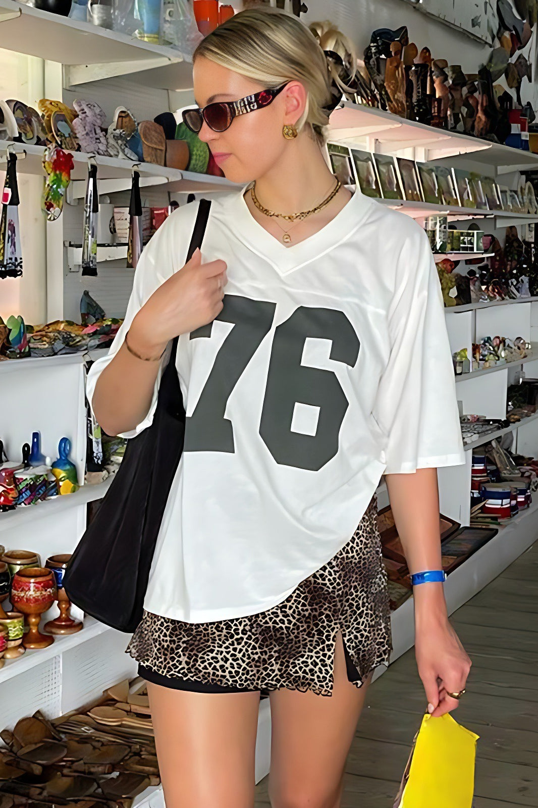 Casual Loose Number Print Off Shoulder Crew T-shirt