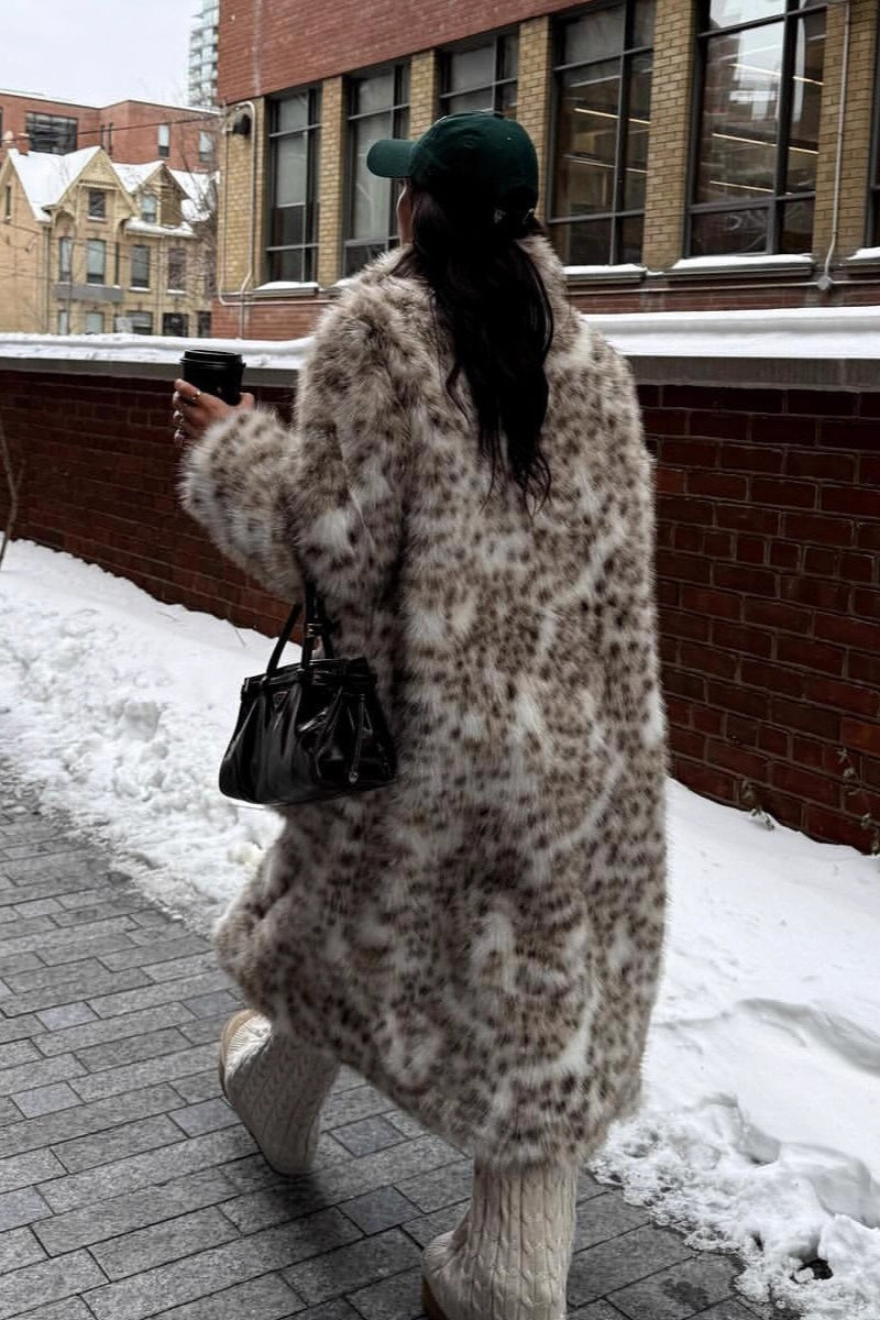 Leopard Print Faux Mink Fur Eco Long Blazer Collar Overcoat