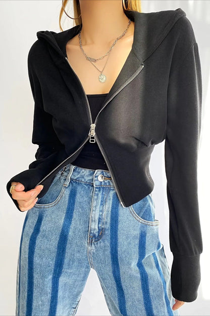 Solid Dual Zipper Slim Cropped Hoodie