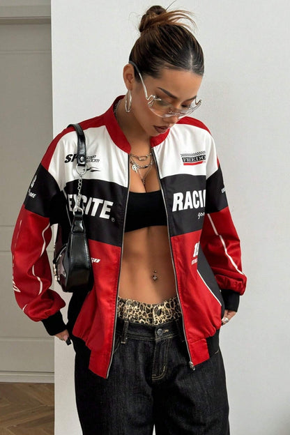 Letter Design Zip Color Block Biker Chic Long Sleeve Jacket